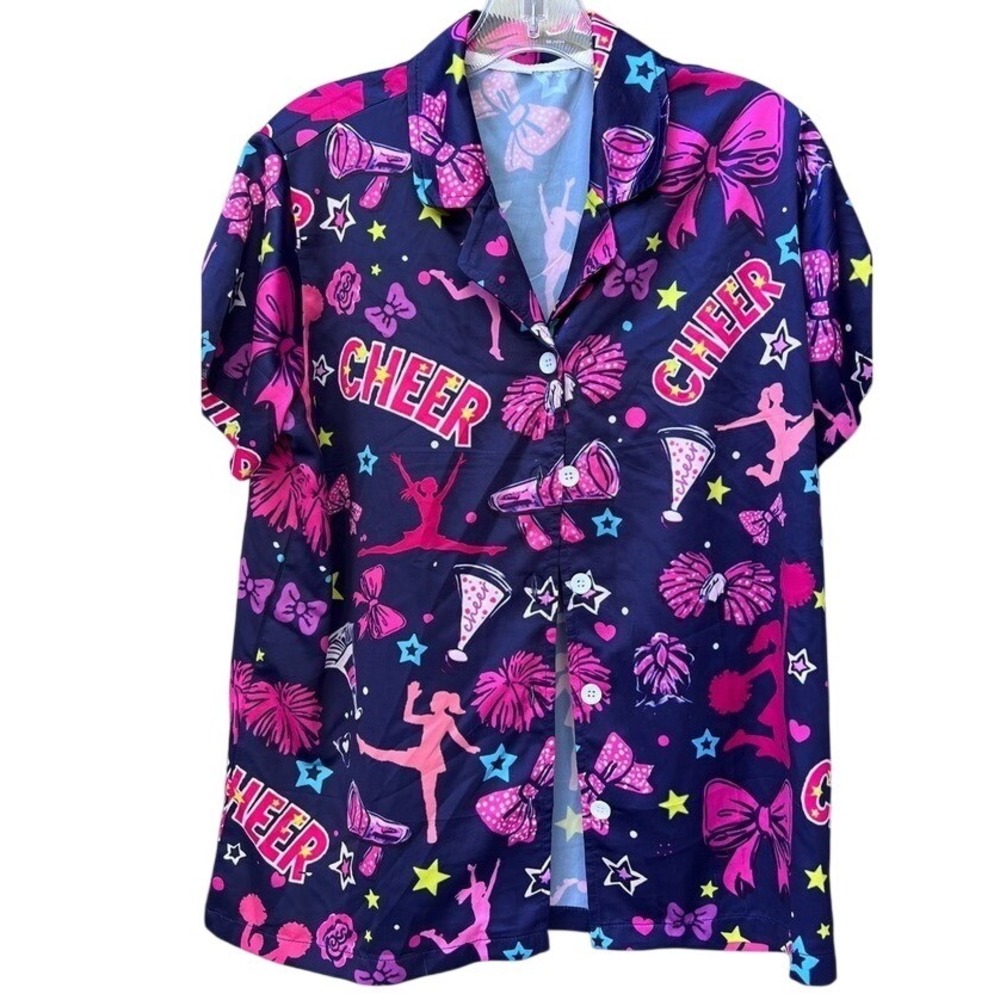 EUC, CHEER‎ Pajama Set Navy Pink Cheerleader Shorts and Button Down Shirt Size M